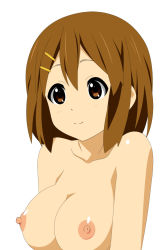 Rule 34 | 00s, 1girl, breasts, brown eyes, brown hair, hair ornament, hairclip, highres, hirasawa yui, k-on!, large breasts, matching hair/eyes, minarui, nipples, nude, short hair, simple background, smile, solo, standing, upper body, white background