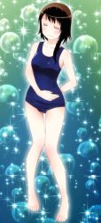 Rule 34 | 10s, 1girl, = =, absurdres, barefoot, brown hair, closed eyes, gradient background, hand on own stomach, highres, nisekoi, old school swimsuit, one-piece swimsuit, onodera kosaki, school swimsuit, screencap, short hair, solo, sparkle, swimsuit, wavy mouth