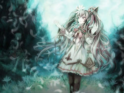 Rule 34 | 1girl, bad id, bad pixiv id, dress, ef (artist), faize scheifa beleth, female focus, flower, forest, long hair, lymle lemuri phi, nature, official alternate costume, outdoors, outstretched hand, pantyhose, petals, plant, sky, solo, star ocean, star ocean the last hope, twintails, very long hair, wallpaper