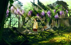 Rule 34 | 1girl, black hair, black pantyhose, building, coat, flower, grass, holding, holding flower, light rays, looking at viewer, mocha (cotton), original, overgrown, pantyhose, red skirt, ruins, scenery, short hair, signature, skirt, solo, sunlight, technoheart, tree, window, wisteria