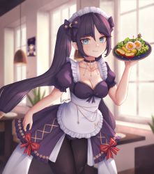 Rule 34 | 1girl, absurdres, apron, black pantyhose, blue eyes, blush, bow, breasts, choker, cleavage, dress, egg, egg (food), food, genshin impact, hair bow, highres, indoors, leaning forward, lesu, looking at viewer, maid, maid apron, maid headdress, medium breasts, mona (genshin impact), pantyhose, plate, puffy short sleeves, puffy sleeves, purple hair, salad, short sleeves, smile, sweatdrop, twintails, window