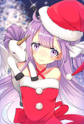 Rule 34 | 1girl, azur lane, bare shoulders, blush, breasts, christmas, closed mouth, collarbone, commentary request, criss-cross halter, dress, fur-trimmed dress, fur-trimmed headwear, fur trim, hair bun, hair ribbon, halterneck, hat, hayosena, head tilt, long hair, looking at viewer, md5 mismatch, one side up, purple eyes, purple hair, red dress, red hat, resolution mismatch, ribbon, santa costume, santa hat, side bun, single hair bun, single side bun, small breasts, smile, solo, source larger, sparkle, stuffed animal, stuffed pegasus, stuffed toy, stuffed unicorn, stuffed winged unicorn, unicorn (azur lane), upper body, very long hair, white ribbon