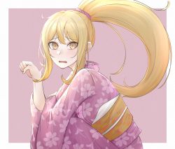 Rule 34 | 1girl, absurdres, blonde hair, blush, commentary, commission, danganronpa (series), danganronpa 2: goodbye despair, flustered, furisode, hair between eyes, hair ornament, hair scrunchie, highres, japanese clothes, kimono, long hair, looking at viewer, obi, open mouth, paw pose, pink background, pink kimono, pink scrunchie, ponytail, saionji hiyoko, sash, scrunchie, simple background, solo, squatting, treerootbeard, two-tone background, white background, yellow eyes