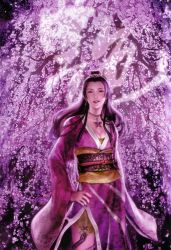Rule 34 | 1girl, breasts, cherry blossoms, cleavage, eyeshadow, highres, japanese clothes, jewelry, kimono, koei, long hair, makeup, nail polish, necklace, nouhime, nouhime (sengoku musou), obi, official art, parted lips, purple eyes, purple hair, sash, sengoku musou, snake, solo