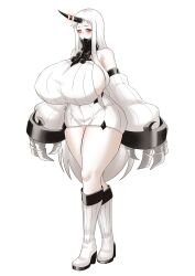Rule 34 | 1girl, abyssal ship, albino, black horns, boots, breasts, claws, colored skin, curvy, detached sleeves, dress, full body, gigantic breasts, highres, horns, kantai collection, knee boots, long hair, oversized forearms, oversized limbs, puffywaffles, red eyes, ribbed dress, ribbed sweater, seaport princess, short dress, sideboob, sidelocks, simple background, single horn, solo, sweater, sweater dress, very long hair, white background, white footwear, white hair, white skin, wide hips