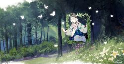 Rule 34 | 1girl, artist name, blonde hair, blue eyes, bug, bush, butterfly, flower, from outside, grass, hair ornament, hat, highres, horns, illumi999, insect, open mouth, original, outdoors, pale skin, pants, portal (object), scarf, short sleeves, signature, sitting, solo, surprised, through window, tree, white pants