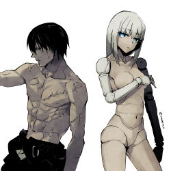 Rule 34 | 1boy, 1girl, abs, black hair, black pants, blame!, blue eyes, blunt bangs, breasts, cibo, collarbone, commentary request, contrapposto, covering privates, covering breasts, cowboy shot, cyberpunk, cyborg, joints, killy, looking at another, muscular, muted color, nabenko, navel, no pussy, nude, pants, profile, robot joints, scar, standing, topless male, twitter username, white background, white hair