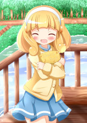 Rule 34 | 10s, 1girl, blonde hair, blush, book, cardigan, closed eyes, forest, hairband, highres, kise yayoi, nature, open mouth, precure, short hair, skirt, smile, smile precure!, solo, water, white hairband, xenon (for achieve)