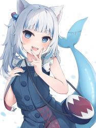 Rule 34 | 1girl, :d, absurdres, animal ears, bag, bare arms, blue dress, blue eyes, blue hair, blue nails, blunt bangs, cat ears, commentary, cube hair ornament, donyaki, dress, fins, fish tail, gawr gura, gawr gura (casual), grey hair, hair ornament, hands up, highres, hololive, hololive english, looking at viewer, magaqq123, multicolored hair, nail polish, open mouth, shark tail, sharp teeth, shirt, shoulder bag, side ponytail, sleeveless, sleeveless dress, sleeveless shirt, smile, solo, streaked hair, tail, teeth, virtual youtuber, white background, white shirt