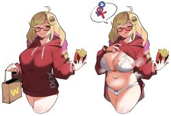 Rule 34 | 1girl, ahoge, artist request, bag, black-framed eyewear, blonde hair, blush, bra, breasts, burger hair ornament, cleavage, cropped legs, drawstring, fat, food, food-themed hair ornament, french fries, hair ornament, highres, holding, holding food, interlocked mars and venus symbols, large breasts, lifted by self, long hair, long sleeves, looking at viewer, mars symbol, mole, mole on breast, mole under eye, multicolored hair, multiple views, navel, no pants, original, panties, phallic symbol, pink hair, second-party source, semi-rimless eyewear, sexually suggestive, simple background, speech bubble, spoken symbol, swept bangs, thick thighs, thighs, two-tone hair, under-rim eyewear, underwear, venus symbol, wcdonald&#039;s, white background, white bra, white panties, yonic symbol