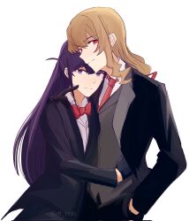 Rule 34 | 2girls, black gloves, black jacket, blonde hair, bow, bowtie, closed mouth, collared shirt, commentary, corrupted twitter file, finger to another&#039;s cheek, gloves, grey vest, hand in pocket, hand on another&#039;s shoulder, hand on another&#039;s waist, heads together, highres, jacket, long hair, looking at viewer, multiple girls, necktie, purple eyes, purple hair, red bow, red bowtie, red eyes, red necktie, rtf 11th, saijou claudine, shirt, shoujo kageki revue starlight, simple background, smile, suit jacket, tsuyuzaki mahiru, upper body, vest, white background, white shirt, yuri