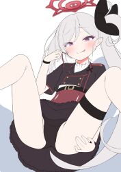 Rule 34 | 1girl, :p, black flower, black jacket, black panties, blue archive, blush, closed mouth, comiket 101, commentary request, feet out of frame, flower, frilled skirt, frills, grey background, grey hair, hair flower, hair ornament, halo, highres, jacket, kirisame mia, knees up, long hair, mutsuki (blue archive), panties, purple eyes, red skirt, shirt, side ponytail, skirt, smile, solo, spread legs, swept bangs, tongue, tongue out, two-tone background, underwear, very long hair, white background, white shirt