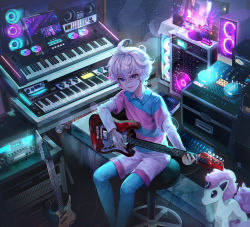 Rule 34 | 1boy, ahoge, aqua leggings, bede (pokemon), blue leggings, character doll, collared shirt, creatures (company), electric guitar, galarian form, galarian ponyta, game freak, gen 8 pokemon, guitar, hair between eyes, highres, holding, holding instrument, instrument, keyboard (instrument), leggings, male focus, nintendo, object request, pinpin (veryslower pin), pokemon, pokemon swsh, purple hair, shirt, short hair, short sleeves, shorts, sitting, smile, solo, stool, two-tone shirt, undershirt