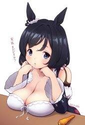 Rule 34 | 1girl, :o, animal ears, arm support, bare shoulders, black hair, blue eyes, bow, breast rest, breasts, breasts on table, carrot, cleavage, collarbone, deto, dress, eishin flash (umamusume), head on hand, highres, horse ears, lace, lace-trimmed dress, lace trim, large breasts, leaning forward, looking at viewer, maid headdress, medium hair, open mouth, solo, table, translation request, twitter username, umamusume, upper body, wide sleeves