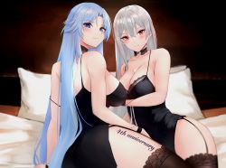 Rule 34 | 2girls, absurdres, adapted costume, alternate costume, azur lane, babydoll, bad id, bad pixiv id, black babydoll, black camisole, black nightgown, blue eyes, blue hair, breasts, camisole, cleavage, garter straps, highres, indoors, lace-trimmed collar, lace trim, large breasts, long hair, looking at viewer, looking back, multiple girls, nightgown, noraneri, official alternate costume, on bed, pillow, red eyes, silver hair, sleepwear, sleeveless, sovetskaya belorussiya (azur lane), sovetskaya belorussiya (relaxation stratagem) (azur lane), sovetskaya rossiya (azur lane), thighhighs, very long hair