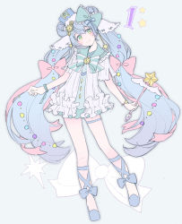 Rule 34 | 1girl, agonasubi, aqua eyes, blue hair, blue hat, blush, bow, bowtie, bracelet, commentary, dress, frilled dress, frills, full body, hair bow, hair ornament, hat, hatsune miku, head tilt, highres, holding, holding wand, jewelry, light blue hair, long hair, looking at viewer, pantyhose, pastel colors, smile, solo, star (symbol), star hair ornament, star wand, string of light bulbs, striped bow, striped bowtie, striped clothes, striped neckwear, twintails, very long hair, vocaloid, wand, white dress, yuki miku, yuki miku (2021) (candidate no.1)