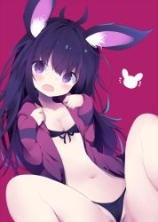 Rule 34 | 1girl, animal ear fluff, animal ears, bikini, black bikini, black hair, blush, breasts, cameltoe, cleavage, fang, front-tie bikini top, front-tie top, hair between eyes, hands up, hood, hood down, hooded jacket, jacket, knees up, kyuukon (qkonsan), long sleeves, looking at viewer, navel, open clothes, open jacket, open mouth, original, partially visible vulva, purple eyes, rabbit ears, red background, red jacket, sleeves past wrists, small breasts, solo, spread legs, swimsuit