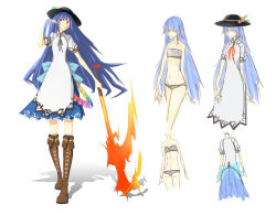 Rule 34 | 1girl, bad id, bad pixiv id, bad proportions, blue hair, boots, bra, character sheet, female focus, hat, hinanawi tenshi, knee boots, kneehighs, lingerie, long hair, ni piao xiancai, panties, red eyes, socks, sword, sword of hisou, touhou, underwear, underwear only, weapon