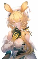 Rule 34 | 1girl, absurdres, aiou huayuye, animal ears, arknights, blonde hair, breasts, crossed bangs, dorothy (arknights), ear tag, gloves, hand up, hat, highres, holding, jacket, long hair, mouse ears, mouse girl, open clothes, open jacket, shirt, simple background, small breasts, smile, solo, straight-on, upper body, white background, white hat, white jacket, white shirt, yellow eyes, yellow gloves