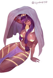 Rule 34 | 1girl, animal ears, bare arms, bare legs, bare shoulders, beach towel, breasts, dark-skinned female, dark skin, fate/grand order, fate (series), gyudong123, hairband, highres, jewelry, long hair, looking at viewer, necklace, nitocris (fate), open mouth, pointy ears, purple eyes, purple hair, simple background, sitting, smile, solo, towel, twintails, underwear, white background