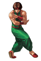 Rule 34 | 1boy, baggy pants, bare shoulders, brown eyes, brown hair, chinese clothes, fighting stance, flat soles, flats, halterneck, halterneck, headband, male focus, muscular, official art, ogura eisuke, pants, shorts, sie kensou, sleeveless, snk, solo, the king of fighters, the king of fighters xii