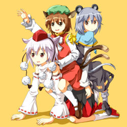 Rule 34 | 3girls, animal ears, bare shoulders, brown eyes, brown hair, cat ears, cat girl, cat tail, chen, detached sleeves, female focus, geta, grey hair, hat, inubashiri momiji, mouse ears, mouse tail, multiple girls, nazrin, outstretched arm, outstretched hand, reaching, red eyes, riding, ruu (tksymkw), sandals, simple background, sitting, sitting on person, tail, tengu-geta, tokin hat, touhou, white hair, wolf ears, wolf tail