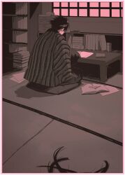 Rule 34 | 1boy, black hair, from behind, haori, japanese clothes, library, male focus, original, pointy hair, retro artstyle, sitting, table, tatami, udukiao, window