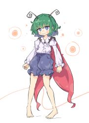 Rule 34 | 1girl, antennae, arms at sides, arthropod girl, barefoot, blush, breast pocket, buttons, cape, collared shirt, green hair, highres, juliet sleeves, long sleeves, looking at viewer, multicolored hair, pocket, primsla, puffy shorts, puffy sleeves, purple eyes, purple hair, purple shorts, red cape, shirt, shirt tucked in, short hair, shorts, sidelocks, simple background, smile, solo, standing, touhou, white background, white shirt, wriggle nightbug