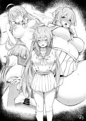 Rule 34 | 1boy, 1girl, ahoge, blue archive, blush, bow, breasts, breasts out, grabbing, grabbing another&#039;s breast, greyscale, halo, hanako (blue archive), hemachi, hetero, large breasts, long hair, looking at viewer, lying, monochrome, navel, nipples, penis, pleated skirt, pussy, sailor collar, school uniform, serafuku, sex, simple background, skirt, white bow
