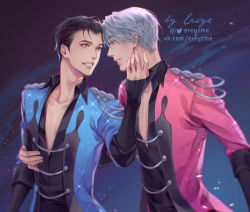 Rule 34 | 2boys, artist name, black hair, blue eyes, brown eyes, collared shirt, epaulettes, ereyz, eye contact, hand on another&#039;s face, katsuki yuuri, looking at another, male focus, multiple boys, open clothes, open shirt, shirt, silver hair, smile, sparkle, twitter username, viktor nikiforov, yaoi, yuri!!! on ice