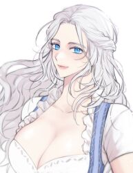 Rule 34 | 1girl, alternate costume, blue eyes, braid, breasts, cleavage, collarbone, commentary request, damgomway, final fantasy, final fantasy xiv, frilled shirt, frills, from side, half updo, korean commentary, large breasts, long hair, looking at viewer, shirt, short sleeves, simple background, single braid, smile, solo, upper body, venat (ff14), wavy hair, white background, white hair, white shirt