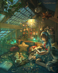 Rule 34 | 1girl, animal, armillary sphere, blurry, blurry foreground, book, brown hair, ceiling light, close-up, commentary, cookie, cup, dog, dress, english commentary, fisheye, food, hairband, highres, indoors, light, long hair, looking at object, medium dress, original, pillow, plant, rain, reading, scenery, short sleeves, sitting, star (symbol), teacup, teapot, tray, water, watermark, web address, window, yuumei