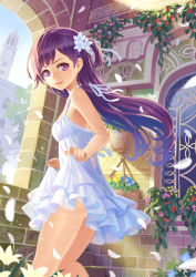 Rule 34 | 1girl, ass, bare arms, bare shoulders, clock, clock tower, clothes lift, dress, flower, from side, hair flower, hair ornament, k+, lace, lace-trimmed panties, lace trim, long hair, looking at viewer, original, panties, pantyshot, parted lips, petals, purple eyes, purple hair, skirt, skirt hold, skirt lift, sleeveless, sleeveless dress, smile, solo, sundress, tower, underwear, upskirt