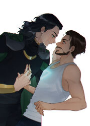 Rule 34 | 2boys, animification, arc reactor, bare shoulders, black hair, black pants, black shirt, brown hair, cape, evil smile, facial hair, fingernails, green cape, green eyes, hands up, holding, holding hands, loki (marvel), long sleeves, looking at another, male focus, marvel, marvel cinematic universe, medium hair, mind control, multiple boys, murdermuffinloki, pants, red eyes, shirt, short hair, simple background, smile, standing, tank top, teeth, tony stark, white background, white tank top