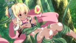 Rule 34 | 1girl, blonde hair, blush, bound, bound wrists, bra, bra lift, breasts, clothes lift, fion (sakura mmo), forest, game cg, inma, large breasts, nature, navel, nipples, non-web source, open mouth, plant, pussy juice, sakura mmo, scarf, tan, tree, underwear, vines, yellow eyes