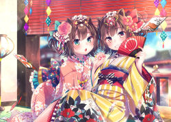 Rule 34 | 2girls, blue sky, blurry, blurry background, blush, brown eyes, brown hair, brown kimono, cloud, commentary request, day, depth of field, fingernails, floral print, flower, folding fan, green eyes, grin, hair flower, hair ornament, hand fan, holding, holding fan, holding hands, indoors, interlocked fingers, japanese clothes, kimono, long sleeves, looking at viewer, multiple girls, nail polish, nemuri nemu, obi, original, parted lips, pink flower, pink rose, print kimono, red flower, red nails, rose, sash, siblings, sisters, sky, smile, striped clothes, striped kimono, vertical-striped clothes, vertical-striped kimono, wide sleeves, window, window blinds, yellow kimono