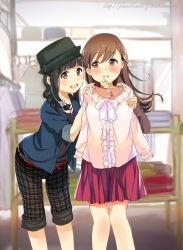 Rule 34 | 10s, 2girls, :d, alternate costume, bad id, bent over, black hair, blurry, blush, braid, brown eyes, brown hair, casual, depth of field, forced dressing, hat, holding, holding clothes, kantai collection, kitakami (kancolle), long hair, looking at viewer, multiple girls, ooi (kancolle), open mouth, pleated skirt, shopping, single braid, skirt, smile, sweatdrop, ume (plumblossom), watermark, web address