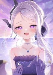 Rule 34 | 1girl, bare shoulders, blue archive, blush, collarbone, demon horns, demon wings, dress, elbow gloves, flat chest, gloves, grey hair, highres, hina (blue archive), hina (dress) (blue archive), horizon, horns, looking at viewer, nishiki koi, official alternate costume, outdoors, pink eyes, purple dress, purple gloves, reaching, reaching towards viewer, smile, solo, strapless, strapless dress, sunlight, upper body, wings
