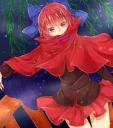 Rule 34 | 1girl, blouse, bow, cape, covering own mouth, denpa (yuyuyu0710), dutch angle, fingernails, hair bow, long fingernails, long sleeves, looking at viewer, nail polish, night, night sky, outdoors, railing, red eyes, red hair, sekibanki, sharp fingernails, shirt, short hair, skirt, sky, solo, star (sky), star (symbol), star print, starry sky, starry sky print, touhou, willow