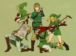 Rule 34 | 6+boys, :3, accordion, bad id, bad pixiv id, blonde hair, boots, castanets, earrings, closed eyes, fingerless gloves, gloves, guitar, hat, instrument, jewelry, jumping, kneeling, link, looking at viewer, lying, male focus, multiple boys, nintendo, ocarina, on side, parted lips, pitchfork, pointy ears, smile, standing, the legend of zelda, the legend of zelda: a link to the past, the legend of zelda: ocarina of time, the legend of zelda: skyward sword, the legend of zelda: the wind waker, the legend of zelda: twilight princess, tobacco (tabakokobata), toon link, tunic
