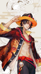 Rule 34 | 1boy, abs, adjusting clothes, adjusting headwear, bare pectorals, black hair, commentary, dragon, dragon print, dywx poison, english commentary, freckles, grin, hat, highres, jewelry, male focus, midriff, navel, necklace, one eye closed, one piece, open clothes, open shirt, pectorals, portgas d. ace, skull, smile, solo