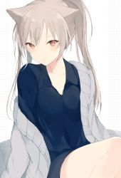 Rule 34 | 1girl, animal ears, blue shirt, blush, breasts, brown eyes, cardigan, cat ears, cat girl, collared shirt, commentary, dress shirt, grey hair, hair between eyes, knee up, light smile, long hair, looking at viewer, lpip, medium breasts, original, ponytail, shirt, simple background, sitting, smile, solo, thighs, white background