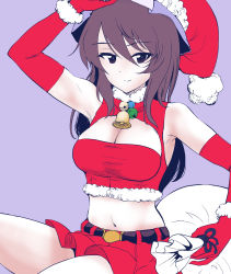 Rule 34 | 1girl, arm up, bell, belt, black belt, blue background, blue hat, breasts, brown eyes, brown hair, cleavage, cleavage cutout, closed mouth, clothing cutout, elbow gloves, fur-trimmed shirt, fur trim, girls und panzer, gloves, hand on headwear, hat, highres, holding, holding sack, large breasts, long hair, looking at viewer, midriff, mika (girls und panzer), miniskirt, navel, pleated skirt, red gloves, red hat, red shirt, red skirt, sack, santa costume, santa hat, shirt, simple background, sitting, skirt, sleeveless, sleeveless shirt, smile, solo, yoyokkun