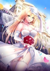Rule 34 | 10s, 1girl, alternate costume, bad id, bad pixiv id, bismarck (kancolle), blonde hair, blue eyes, bouquet, breasts, dress, elbow gloves, flower, gloves, hat, holding, holding bouquet, kantai collection, large breasts, long hair, meaomao, red flower, red rose, rose, smile, solo, thighhighs, wedding dress, white dress, white gloves, white hat, white thighhighs