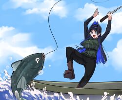 Rule 34 | 1girl, absurdres, arms up, blue eyes, blue hair, boat, boots, cloud, day, fish, fishing, fishing line, fishing rod, hair intakes, highres, holding, holding fishing rod, hololive, hololive english, koizumi arata, long hair, multicolored hair, ouro kronii, sky, virtual youtuber, water, watercraft