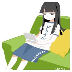 Rule 34 | 10s, 1girl, alternate costume, bad id, bad twitter id, black hair, blunt bangs, callan (callancoe), clothes writing, commentary request, couch, gym shorts, gym uniform, handheld game console, hatsuyuki (kancolle), hime cut, kantai collection, long hair, nintendo 3ds, pillow, shorts, simple background, sitting, solo, translation request