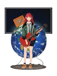 Rule 34 | 1girl, black bow, black necktie, black shorts, black socks, bow, brown eyes, brown footwear, closed mouth, collared shirt, commentary request, earth (planet), green jacket, guitar, hair bow, highres, holding, holding instrument, instrument, jacket, long hair, looking at viewer, necktie, open clothes, open jacket, original, planet, red hair, shirt, shoes, shorts, smile, socks, solo, somehira katsu, speaker, standing, two side up, white shirt, wing collar, wristband