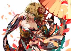 Rule 34 | 10s, 1girl, 2018, blonde hair, blush, breasts, cleavage, dutch angle, fate/extra, fate/grand order, fate (series), flower, green eyes, hair flower, hair ornament, japanese clothes, medium breasts, nero claudius (fate), nero claudius (fate), nero claudius (fate/extra), off shoulder, oil-paper umbrella, parted lips, petals, shino (eefy), smile, solo, umbrella, white background, wide sleeves