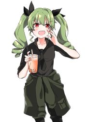 Rule 34 | 1girl, anchovy (girls und panzer), anzio military uniform, black necktie, black ribbon, black shirt, boots, chinese commentary, clothes around waist, commentary, cup, disposable cup, dress shirt, drill hair, drinking straw, girls und panzer, green hair, grey pants, hair ribbon, hand to own mouth, highres, holding, holding cup, knee boots, long hair, long sleeves, looking at viewer, loose necktie, military, military uniform, necktie, open collar, open mouth, pants, red eyes, ribbon, shirt, simple background, sleeves rolled up, smile, solo, standing, twin drills, twintails, uniform, white background, wing collar, yujenliu