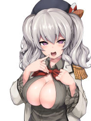 Rule 34 | 1girl, @ @, beret, blush, breasts, commentary request, epaulettes, finger to mouth, grey shirt, hat, highres, jacket, kantai collection, kashima (kancolle), large breasts, long hair, long sleeves, looking at viewer, military, military jacket, military uniform, neckerchief, open clothes, open mouth, open shirt, purple eyes, red neckerchief, shirt, sidelocks, siesta (artist), silver hair, simple background, smile, solo, twintails, uniform, upper body, wavy hair, white background